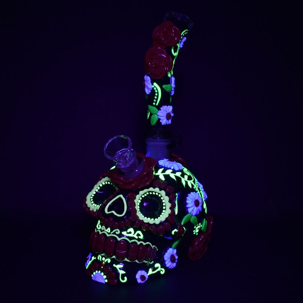 Heavy Flowered Sugar Skull Water Pipe - Glasss Station