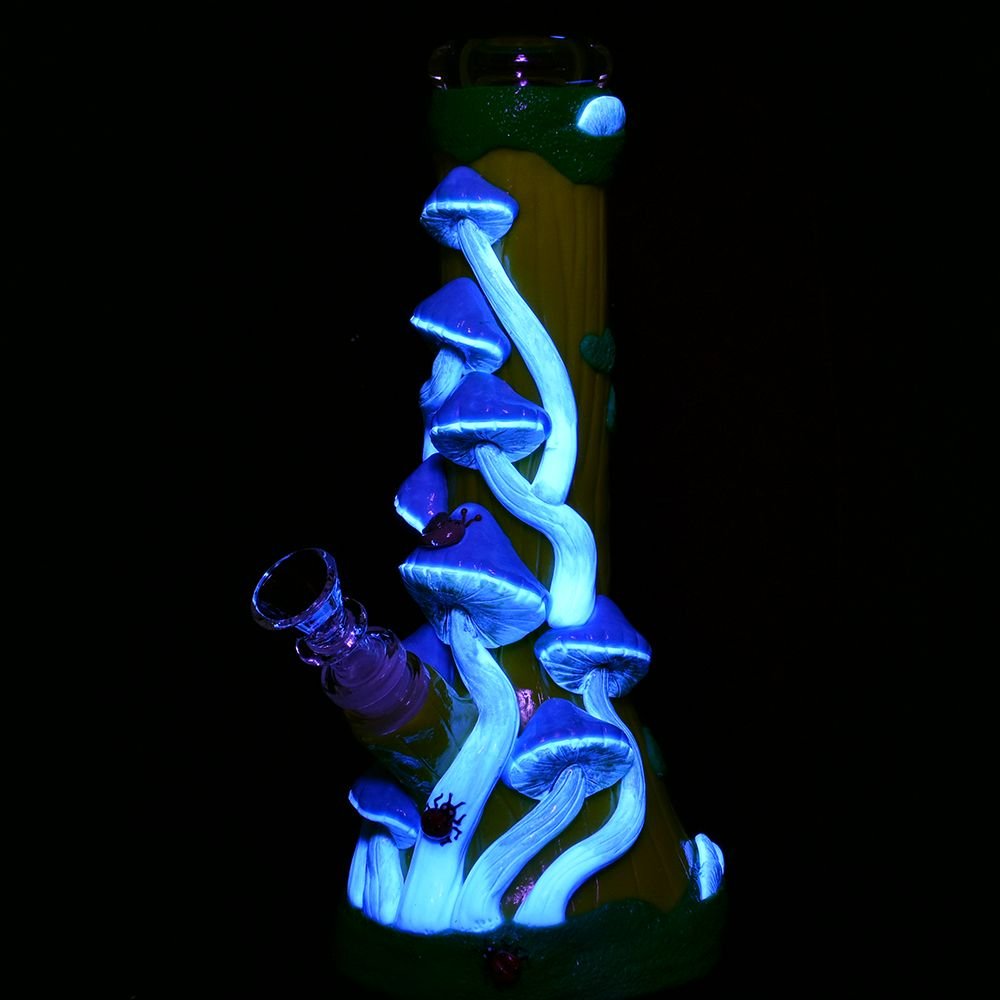 Mushroom Madness Glow in Dark Beaker Bong - Glasss Station