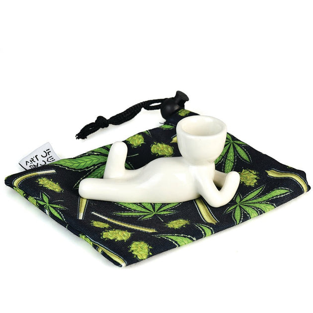 Art Of Smoke Pot Head Ceramic Pipe w/ Hemp Leaf Pattern Bag - Glasss Station