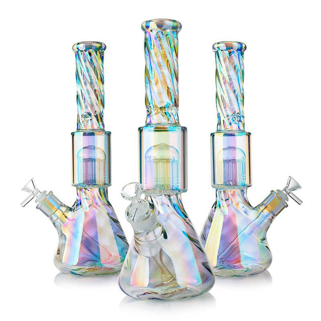 Iridescent Rainbow 14" Spiral Arm Perc Glass Water Pipe - Glasss Station