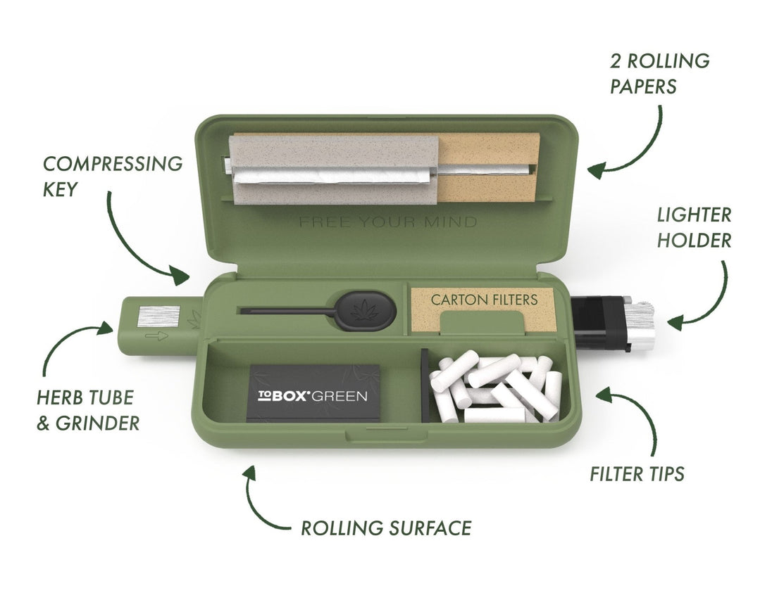 Tobox Green All-In-One Pocket Size Smell-Proof Stash Box Rolling Kit - Glasss Station